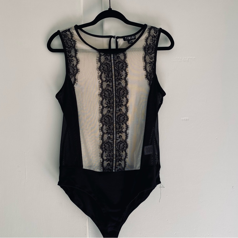 Cream and Black Lace Sheer Mesh Bodysuit Thong Dark Romantic Whimsigoth XL